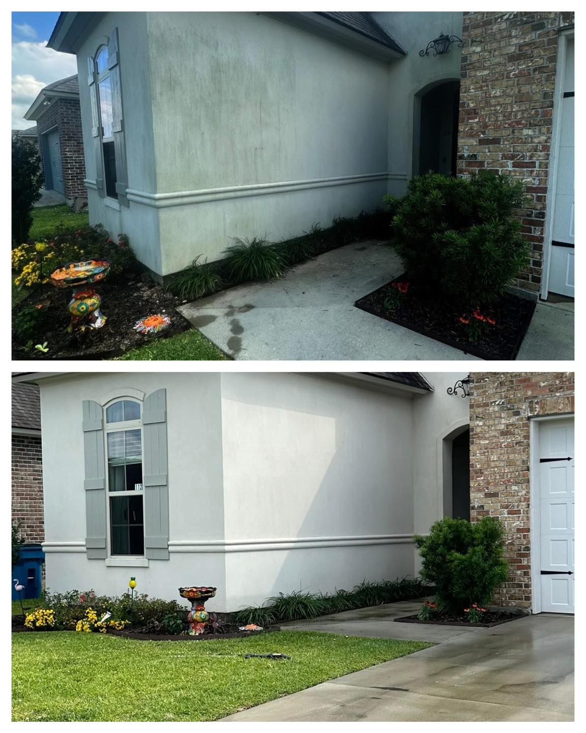 Comparison of a house exterior before and after renovation: walls painted light gray, new shutters.