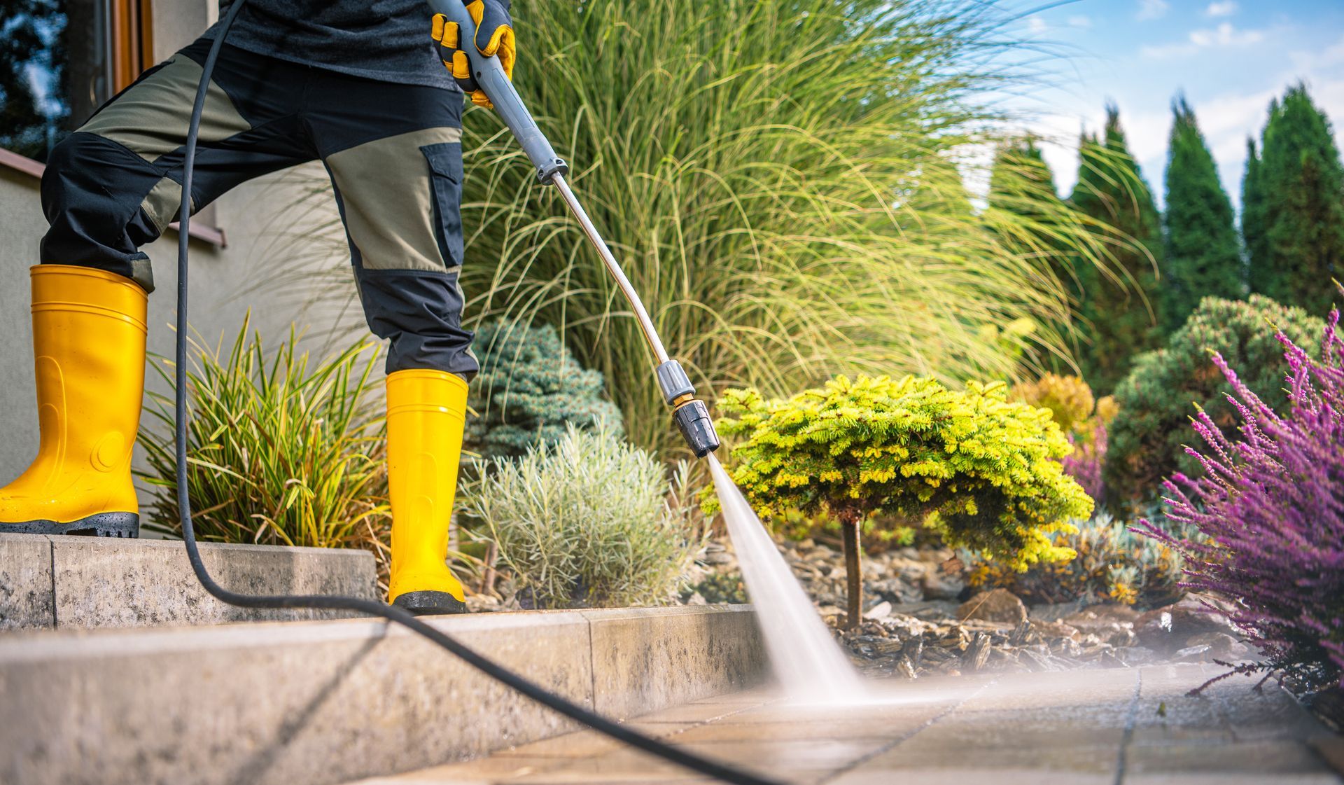 Person in yellow boots pressure washing a patio, water spraying, with greenery in background.