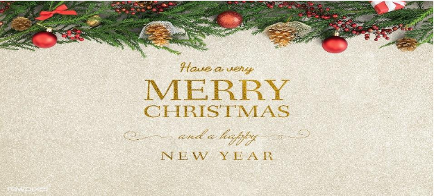 A merry christmas and a happy new year greeting card with christmas decorations.