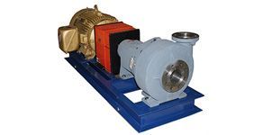 A large pump is sitting on top of a blue platform.