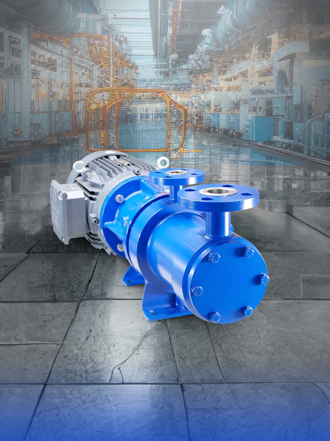 Blue industrial pump in a factory setting.