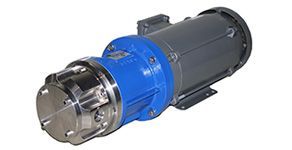 A blue and gray pump with a motor attached to it on a white background.