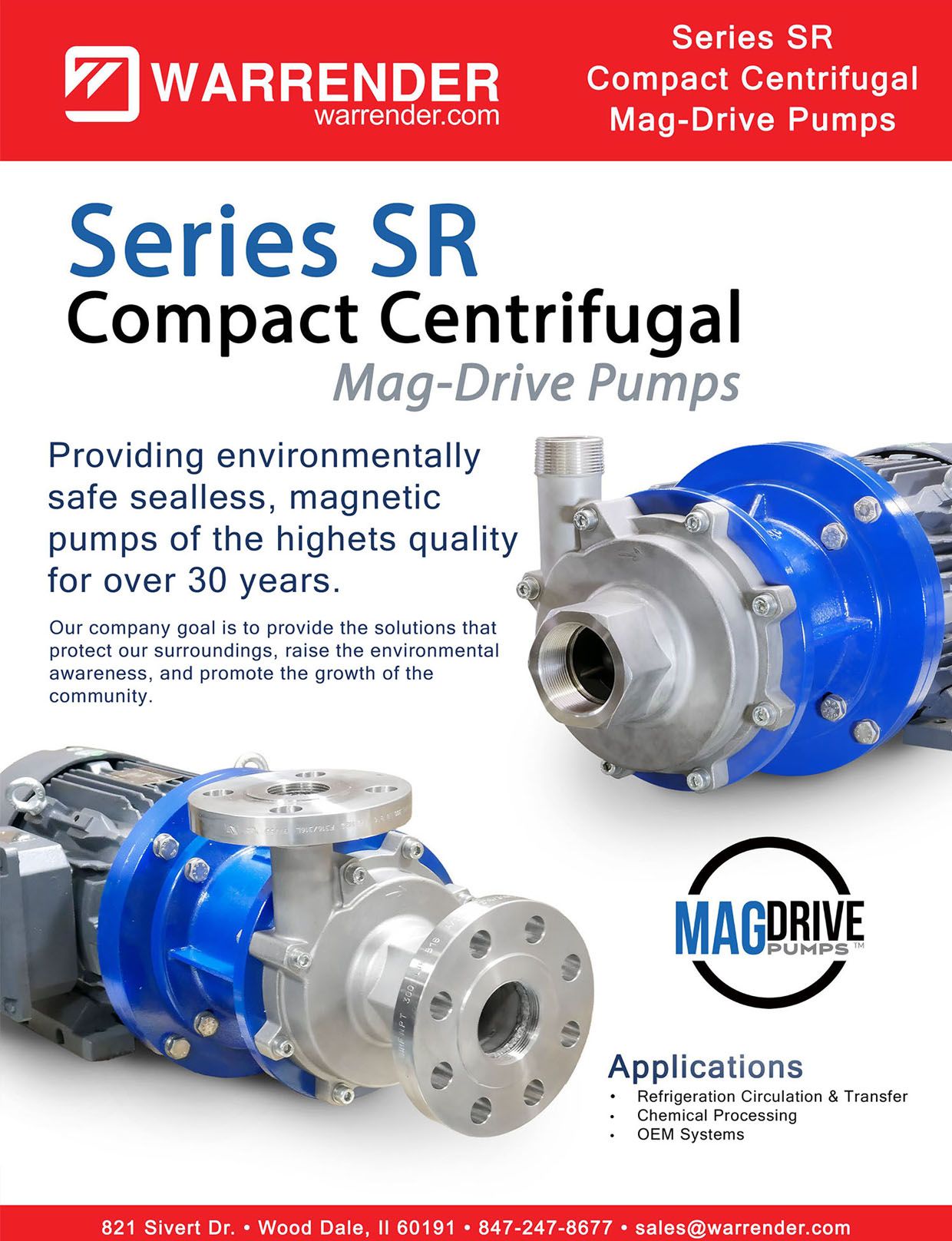 Warrender Series SR compact centrifugal mag-drive pumps brochure with blue pump photos and red header