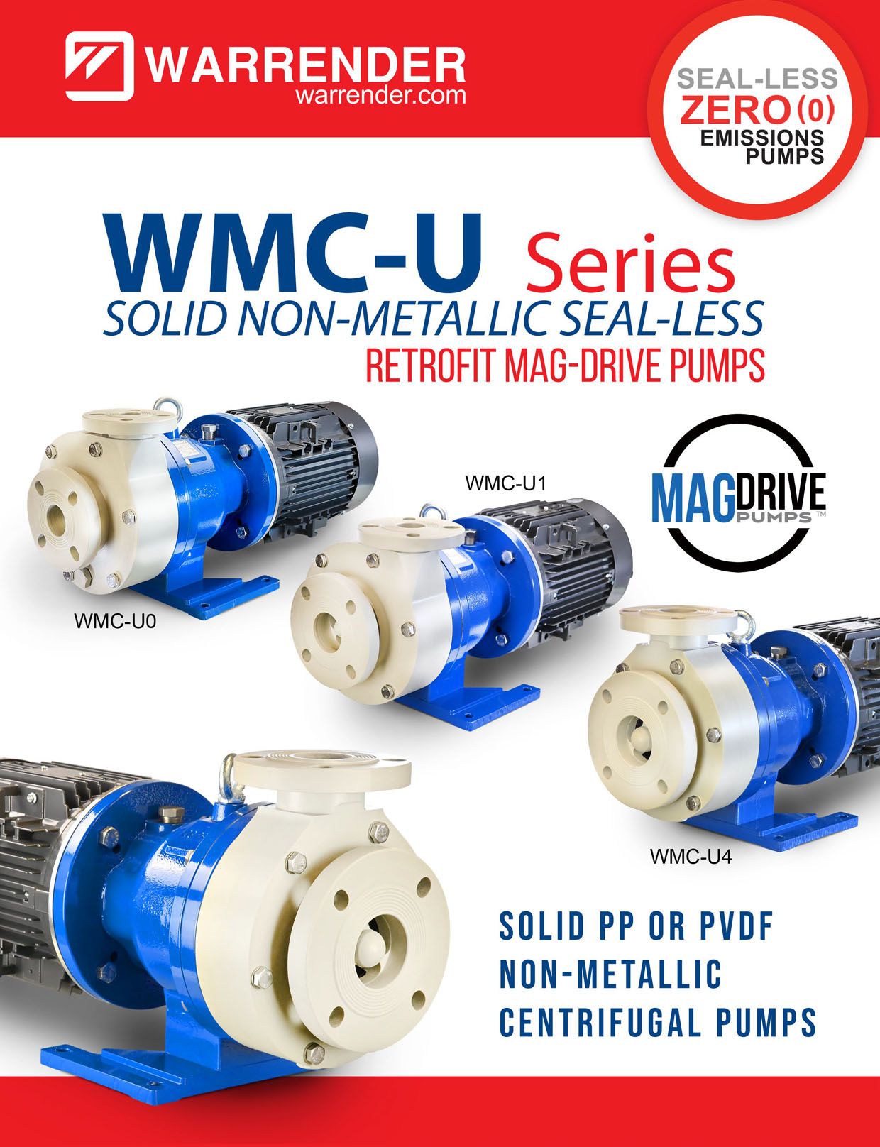 Warrender WMC-U brochure for non-metallic seal-less mag-drive pumps, showing solid PP & PVDF thermoplastic pumps.
