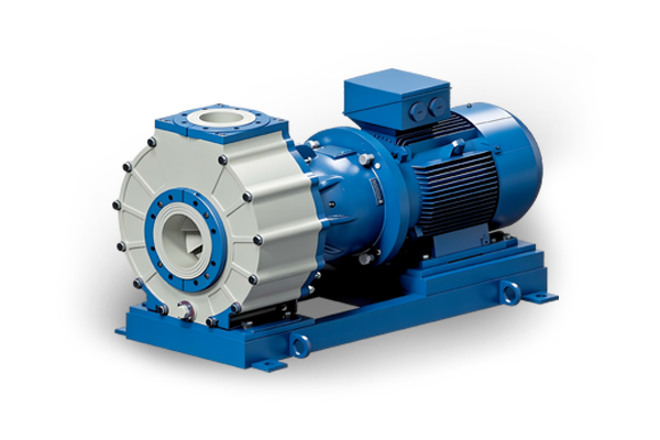 A blue and white mechanical pump with a motor attached to it.