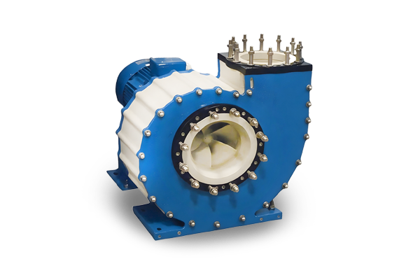 A mechanical non-metallic pump with a blue motor attached to it on a white background.