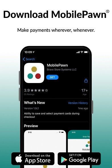 Promotional graphic for the MobilePawn app, featuring an App Store listing view and download buttons for iOS and Android. Promotional graphic for the MobilePawn app, featuring an App Store listing view and download buttons for iOS and Android.