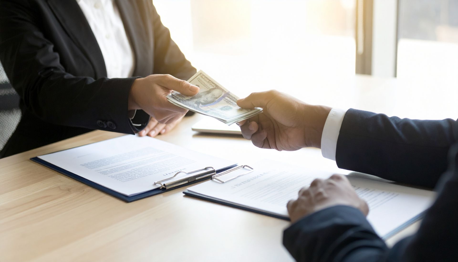 two people exchanging bills across a desk