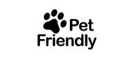 Logotipo negro con la huella de una pata y las palabras «Pet Friendly» en texto negro