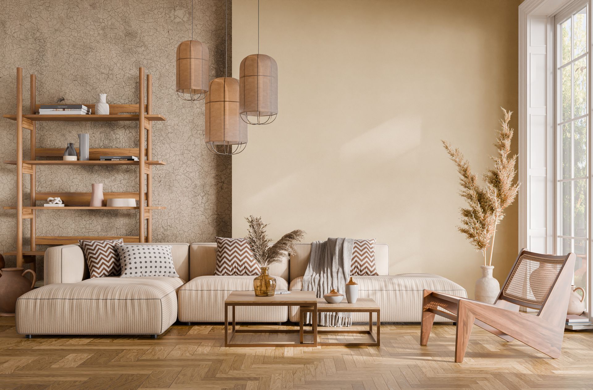 Neutral boho living room with beige sofa, wooden shelves, pendant lights, and a lounge chair by a window