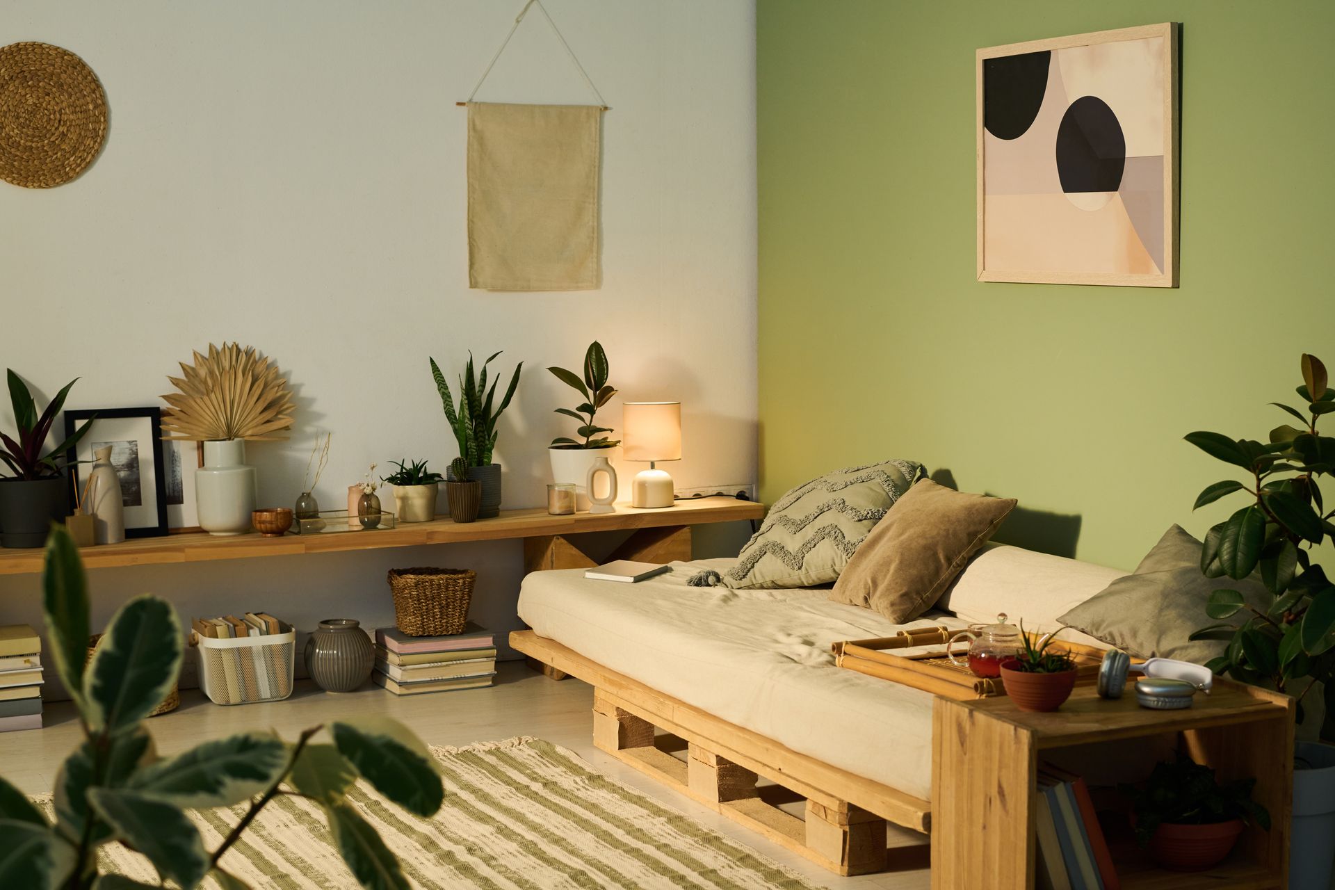 Cozy living room with a beige sofa, wooden shelves, plants, and soft green walls, lit by warm lamps