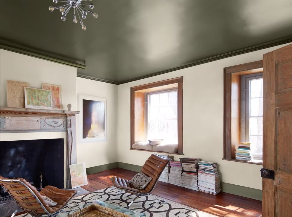 Cozy living room with fireplace, patterned rug, green ceiling, and sunlit windows