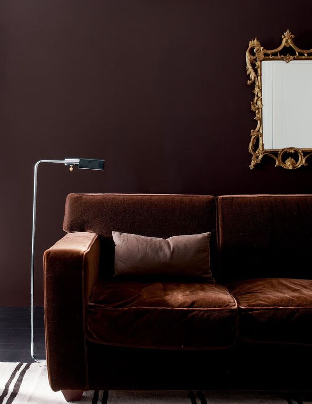 Dark living room with a brown leather sofa, floor lamp, and ornate gold-framed mirror on the wall