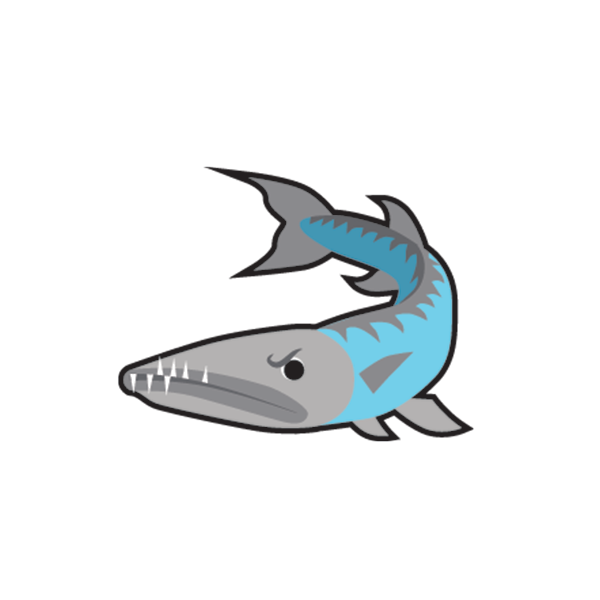A cartoon drawing of a fish with sharp teeth on a white background.
