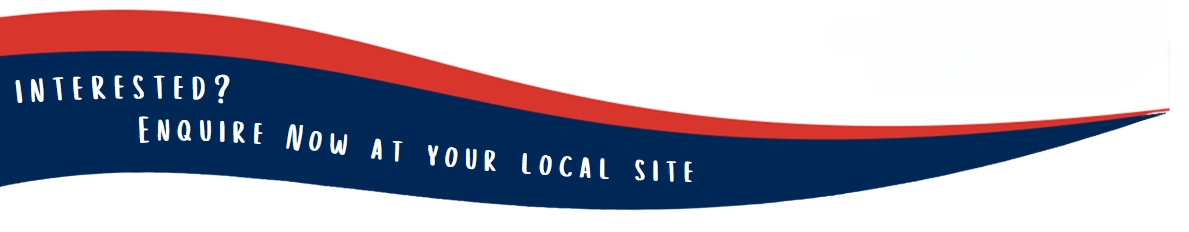 A blue and red wave with the words `` interested ? inquiries now at your local site '' written on it.