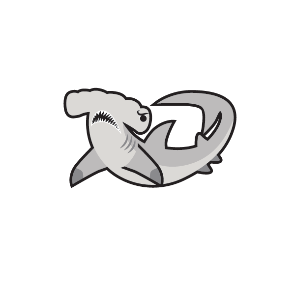 A black and white drawing of a hammerhead shark