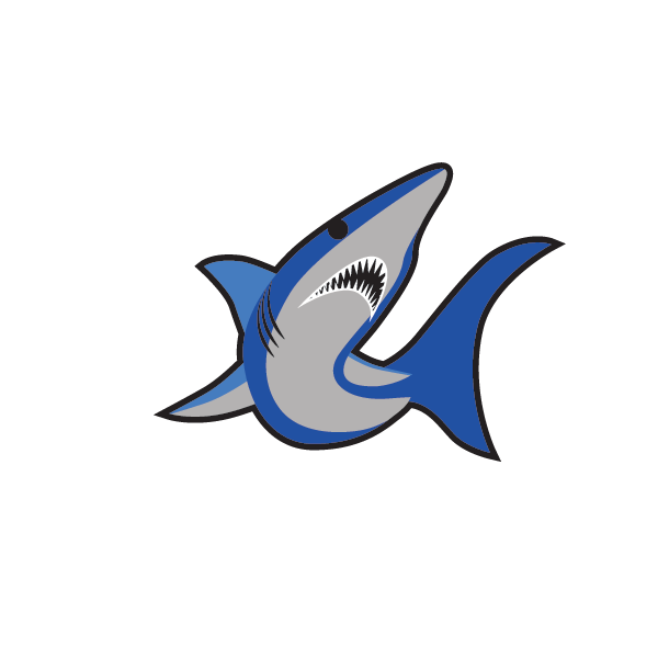A blue and gray shark with its mouth open on a white background