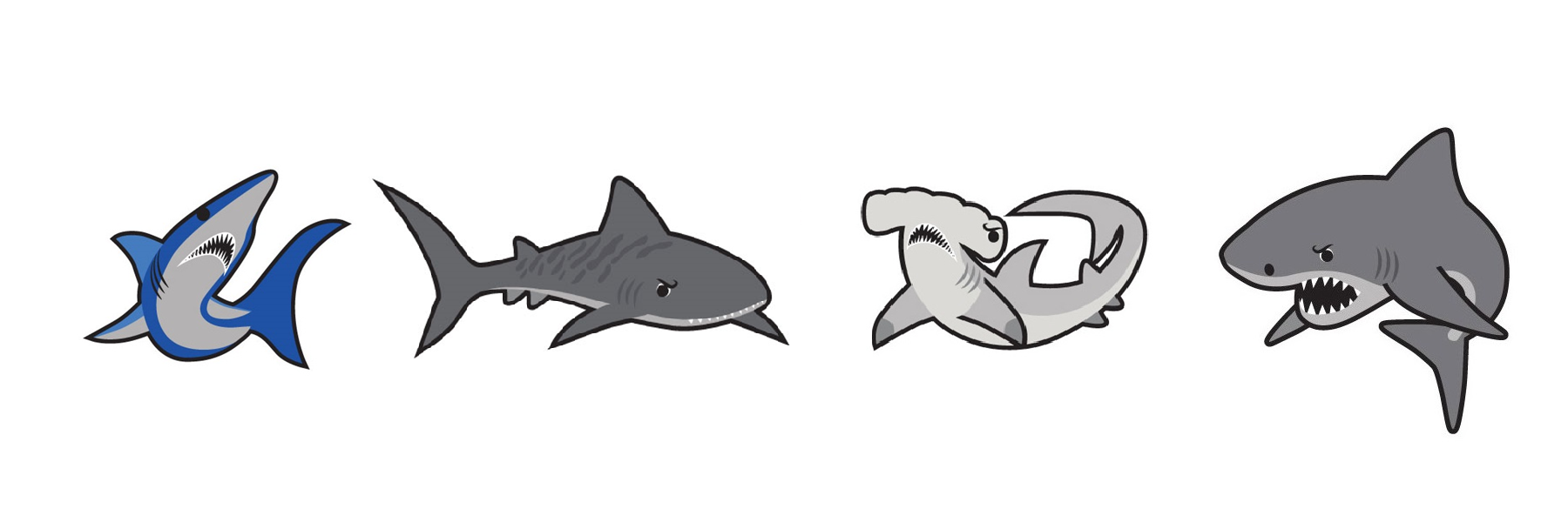 A group of sharks are lined up in a row on a white background.