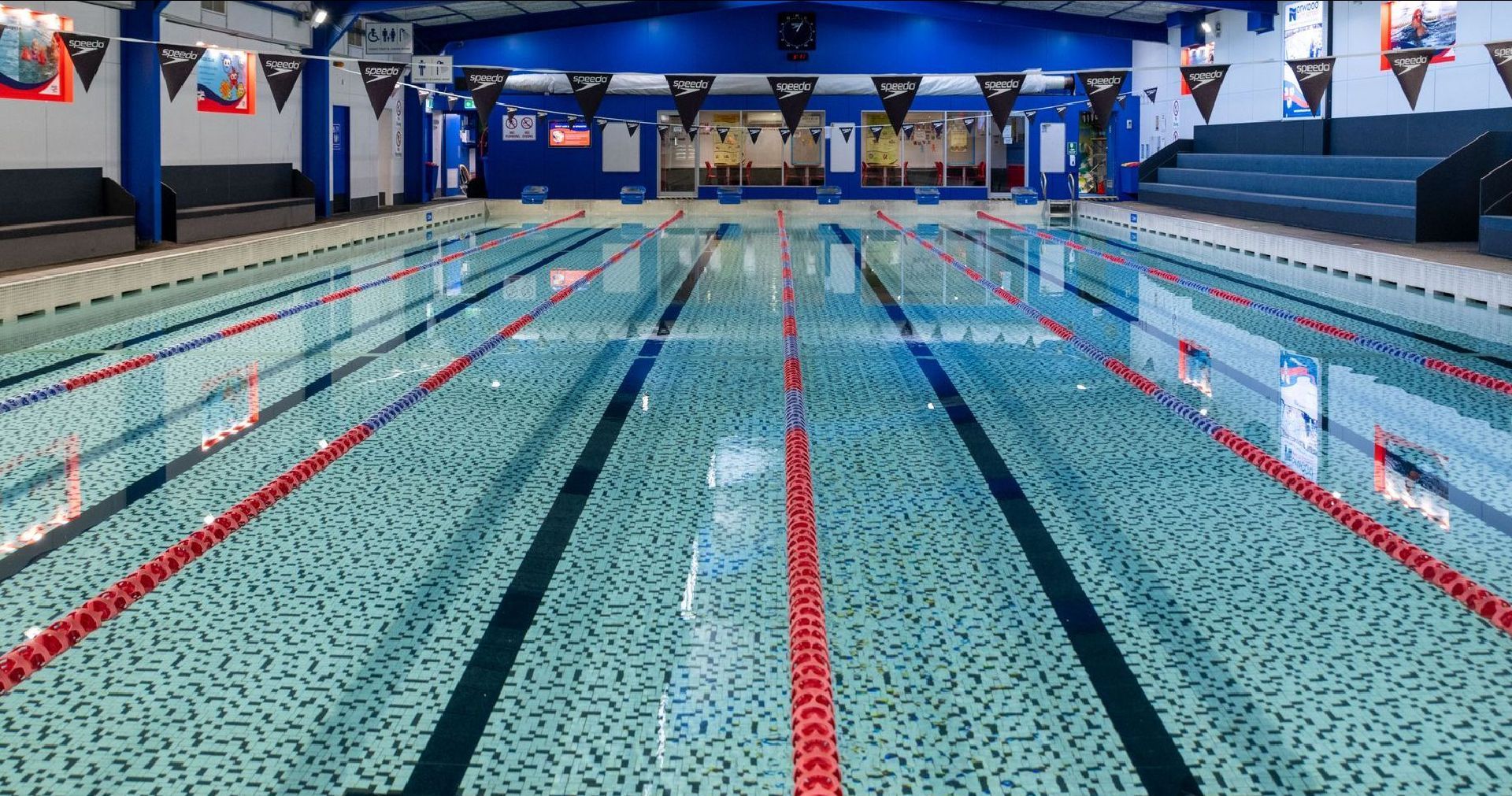 A large indoor swimming pool with red lanes in a gym.