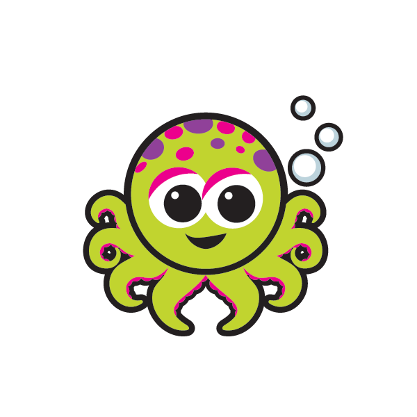 A green octopus with pink spots and bubbles around it