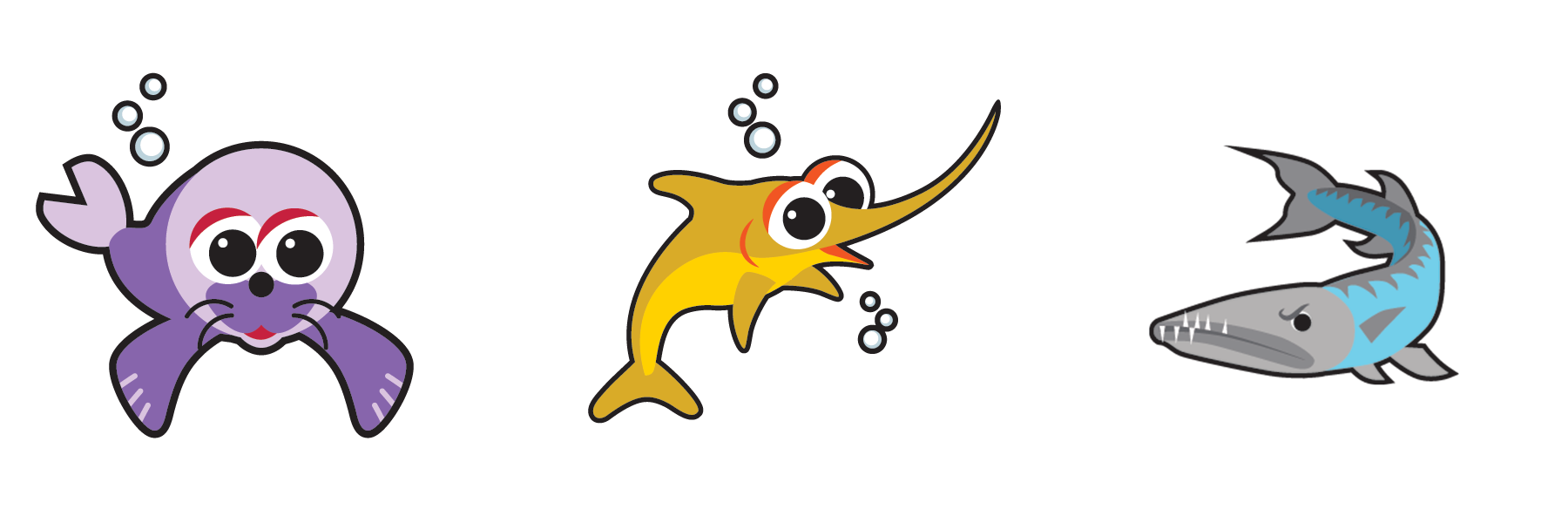 A purple octopus , a yellow fish and a shark are swimming in the water.