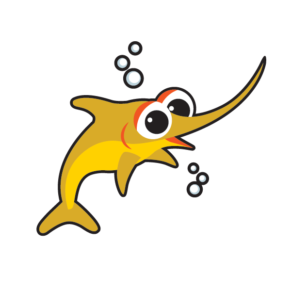 A cartoon dolphin with big eyes and a long beak