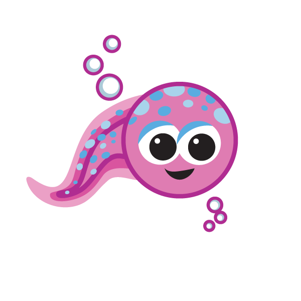 A cartoon illustration of a pink octopus with bubbles around it