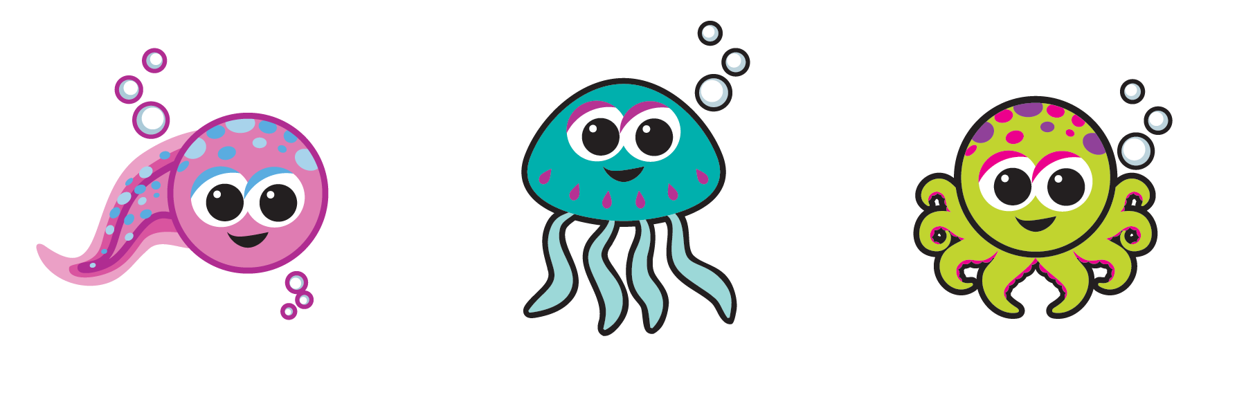 A set of three cartoon jellyfish and octopus with bubbles coming out of their mouths.