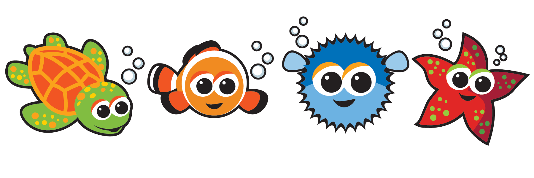A turtle , clown fish , and starfish are swimming in the water.