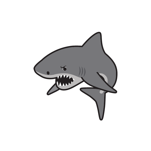 A cartoon shark with a very angry look on its face.