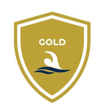 A gold shield with a swimmer on it