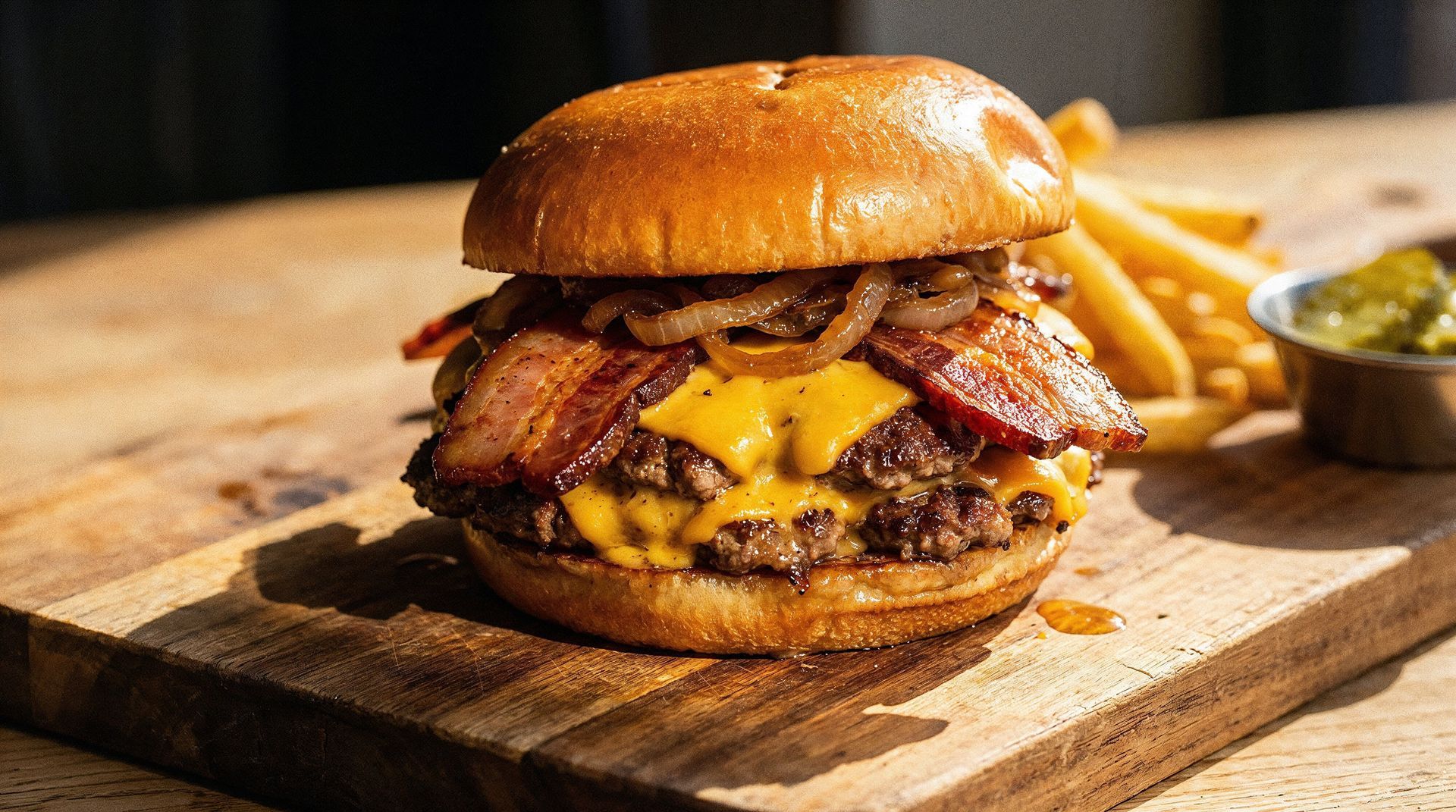 Gourmet bacon cheeseburger on a wooden board with fries and a side of sauce