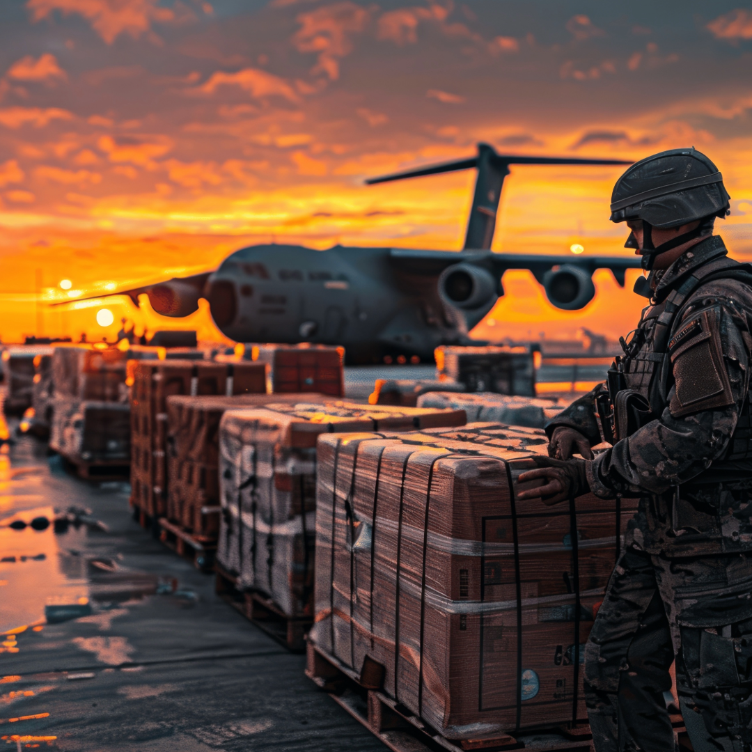 A soldier is standing in front of a large military plane.