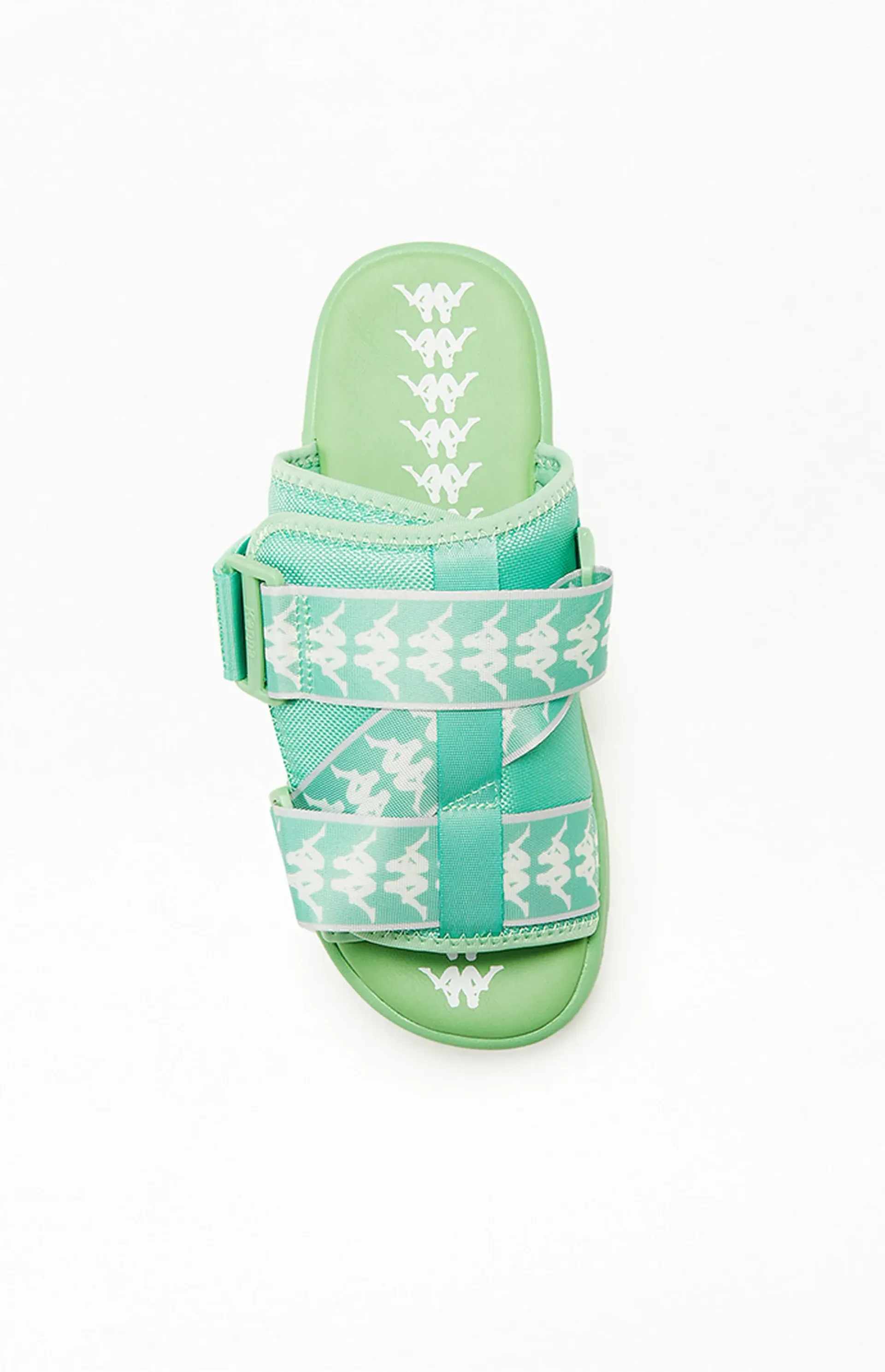 Green and white Kappa sandals with adjustable straps.