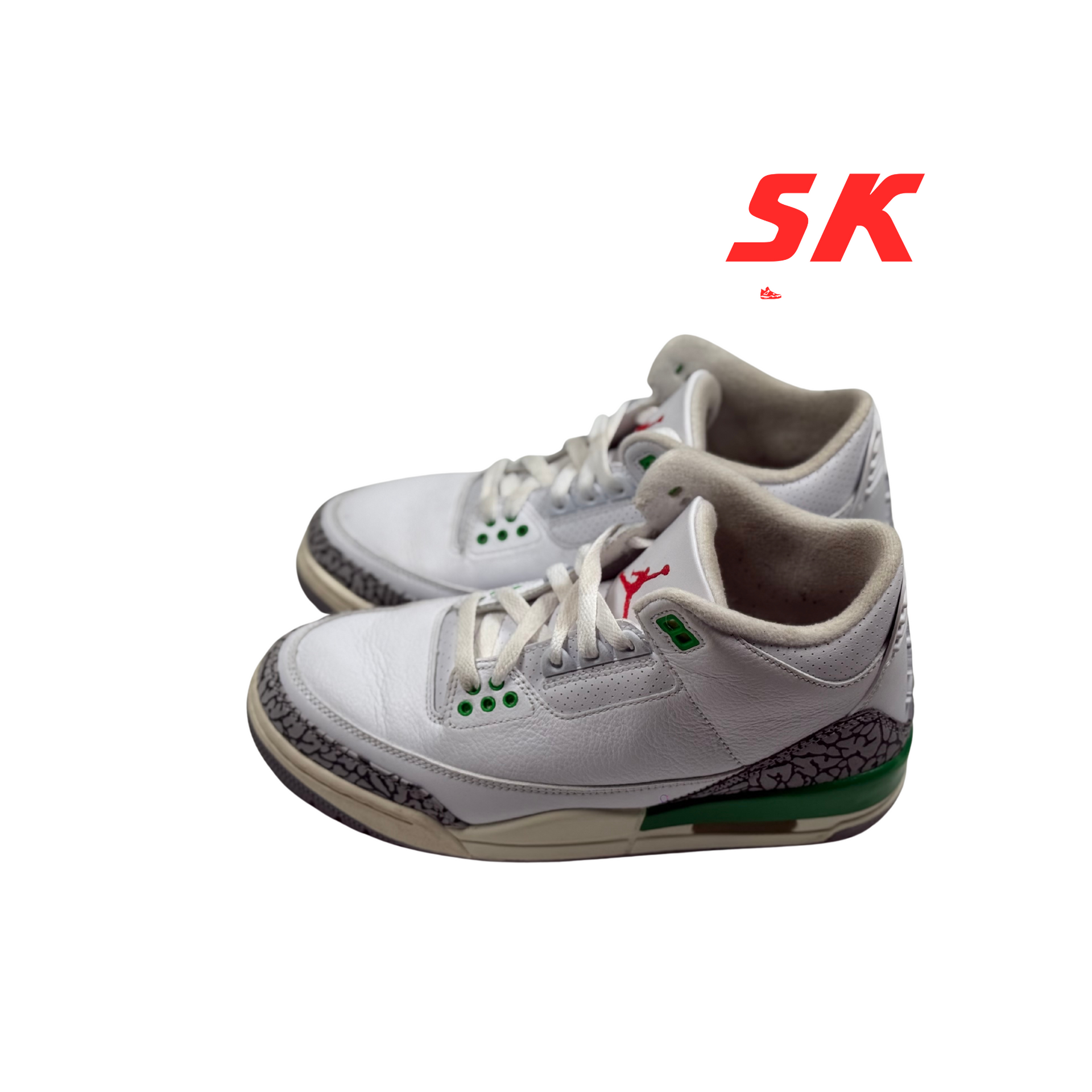 Pair of white Air Jordan 3 sneakers with red and green accents, sitting on a white background.