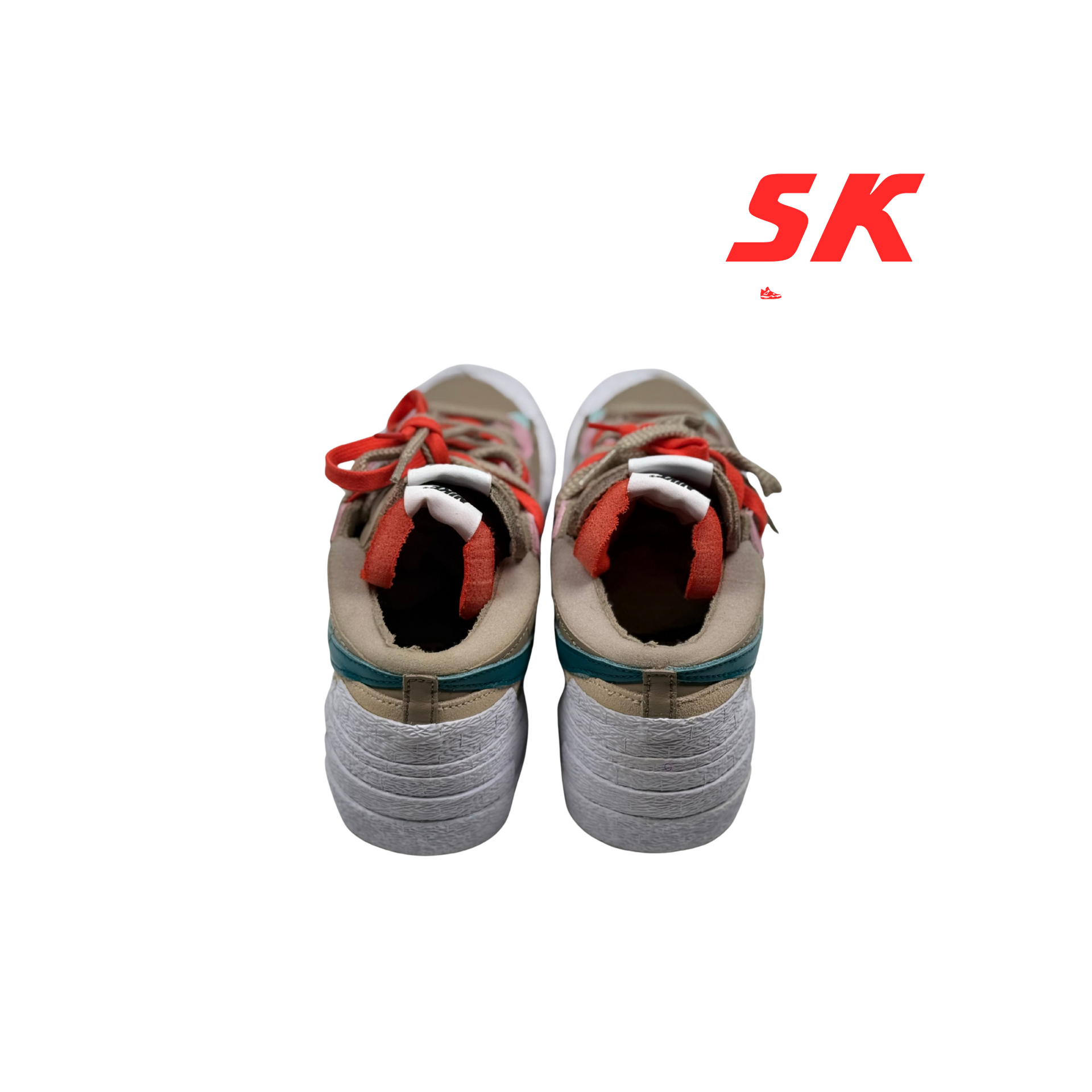 Two-tone Nike high-top sneakers with red and tan laces and a textured white sole.
