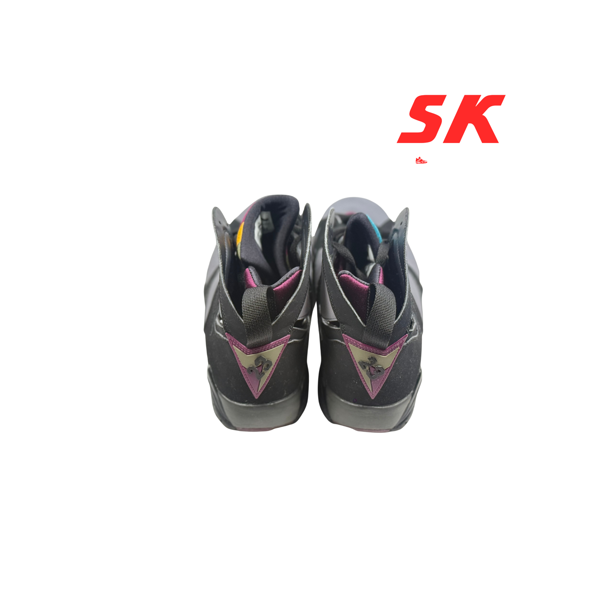 Pair of Air Jordan 7 sneakers, gray and black with pink and purple accents, SK logo visible.