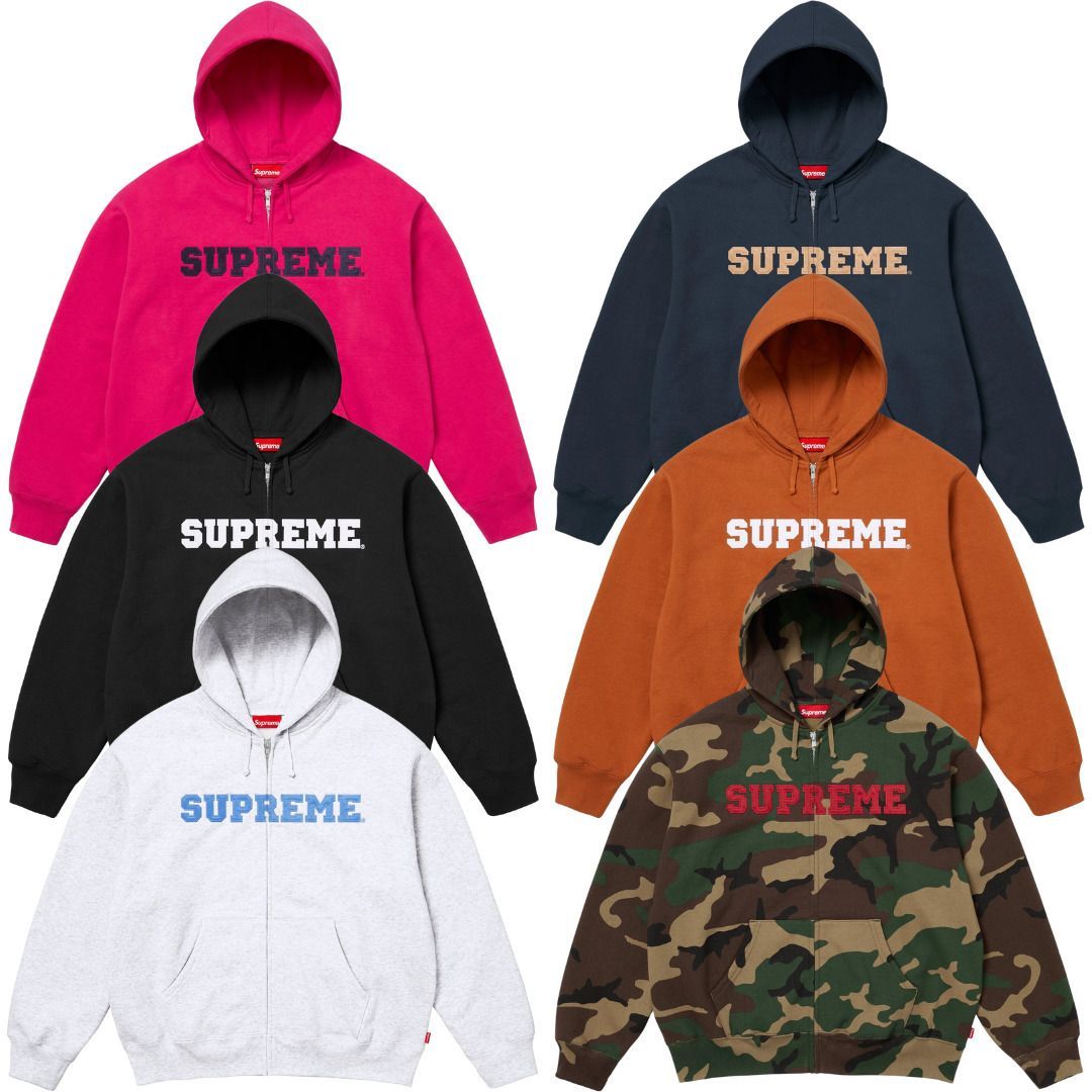 Six Supreme zip-up hoodies in various colors: pink, navy, black, orange, gray, and camouflage.