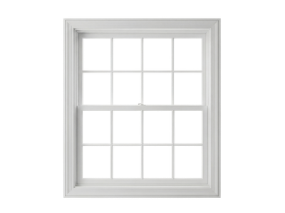 White-framed window with grid panes on a plain light background