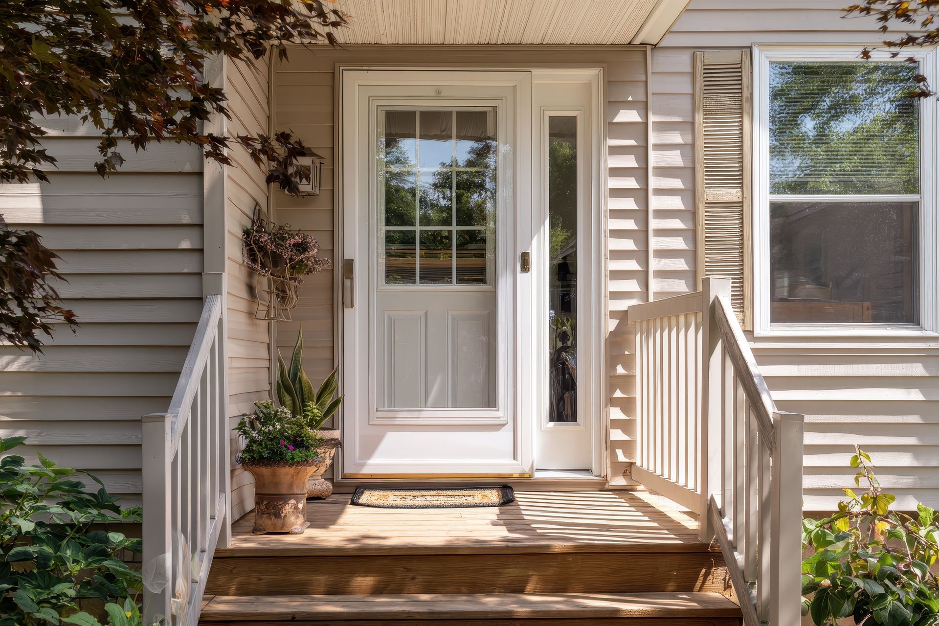 Front porch with white door, wooden steps, and potted plants beside a house exterior