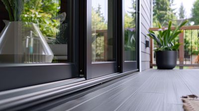 Modern patio with black-framed sliding doors, gray wood floor, and potted plants by the windows.