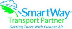 SmartWay Transport Partner logo with blue and green text and cloud icon, “Getting There With Cleaner Air” tagline