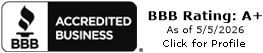 BBB Accredited Business badge with A+ rating and “Click for Profile” text on a white background