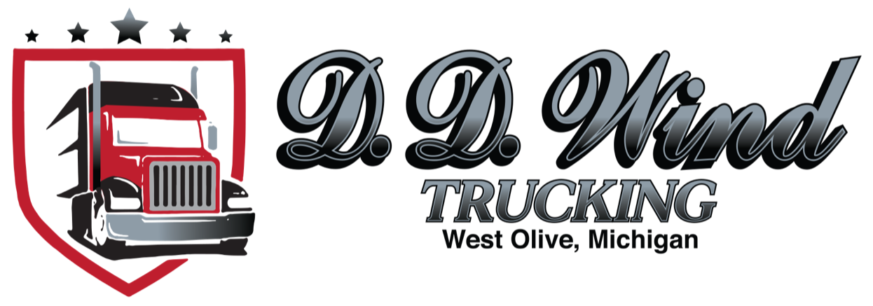 D&D Wind Trucking logo with red semi-truck, stars, and West Olive, Michigan text