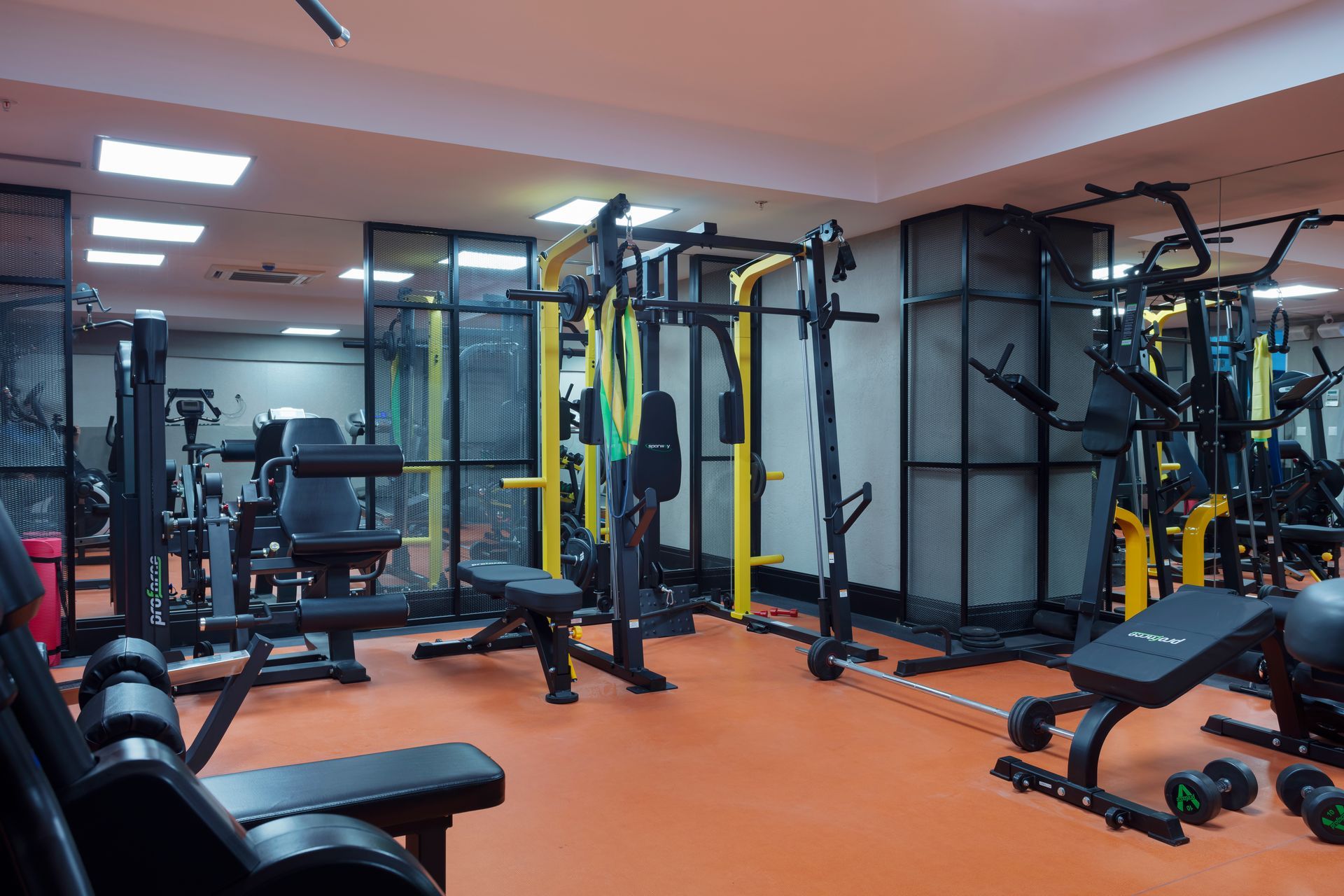 Tavandan gelen parlak ışıkların altında, ağırlık makineleri, banklar, dambıllar ve aynalı duvarları olan boş bir spor salonu.