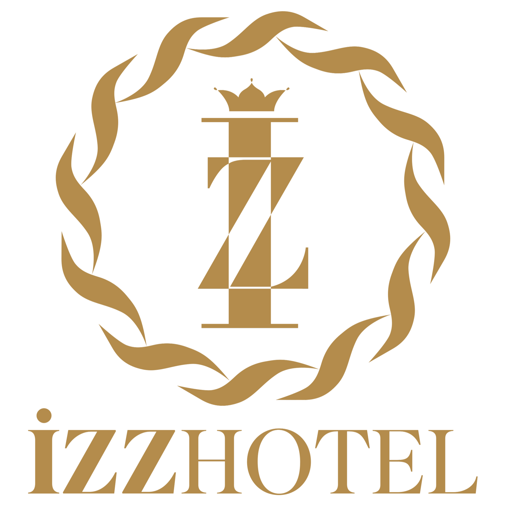 Altın rengi IzzHotel logosu, defne çelengi içinde taçlı bir monogramla süslenmiştir.