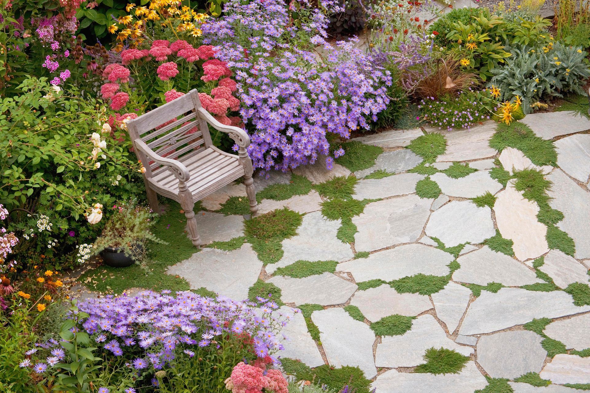 Wooden bench on stone patio surrounded by colorful flowers.