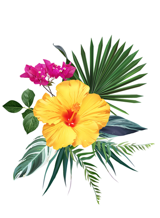 Yellow hibiscus flower with pink bougainvillea and assorted green tropical leaves.