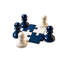 Chess pieces surrounding interlocking puzzle pieces, representing collaboration and shared success