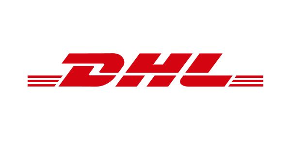 DHL logo: Red letters on a white background. 